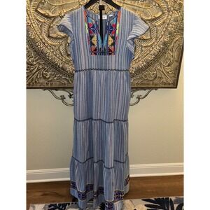 Laia‎ Embroidered Maxi Dress XS Blue Striped Tiered Boho Festival Casual